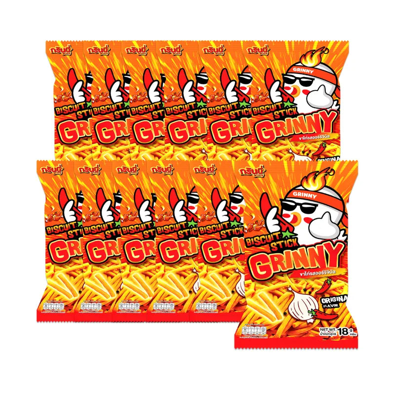 Grinny Biscuit Stick Original Flavor, 18g pack with 12 pieces, showing crispy biscuit sticks in a colorful package