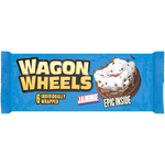 Wagon Wheels Jammie Epic inside confectionery snack with chocolate coating and jam filling, displayed in a close-up view.