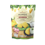 Aranya Mango Sticky Rice snack with crispy coconut milk in a 50g freezedried confectionery package, showcasing the snack's texture.