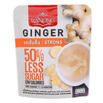 Ranong Tea Strong Ginger 50% Less Sugar drink in a clear glass bottle, showcasing fresh ginger and tea infusion.