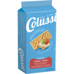 Pan Colussi salted crackers, crunchy confectionery snack with a golden-brown appearance and visible salt crystals on top.