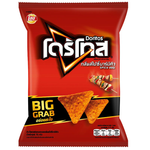 Close-up of Doritos BBQ flavored confectionery snacks in a colorful bag with crispy chips spilling out.