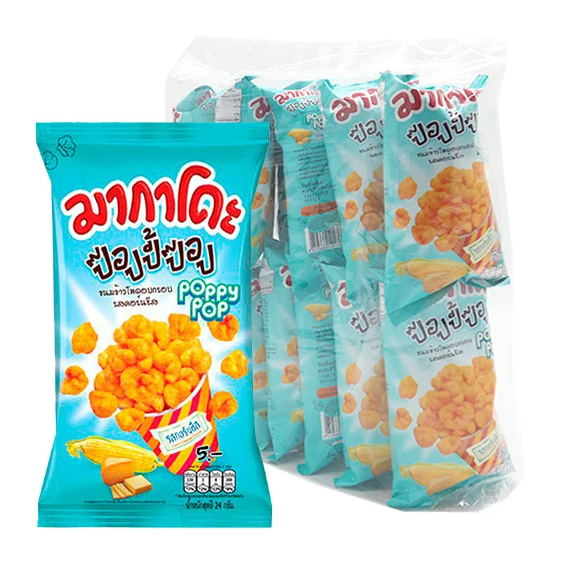 MAKADO Poppy Pop Potato Fries Corn Cheese flavor snack, 24g packet, crispy snack with cheesy corn flavor, 12-pack.