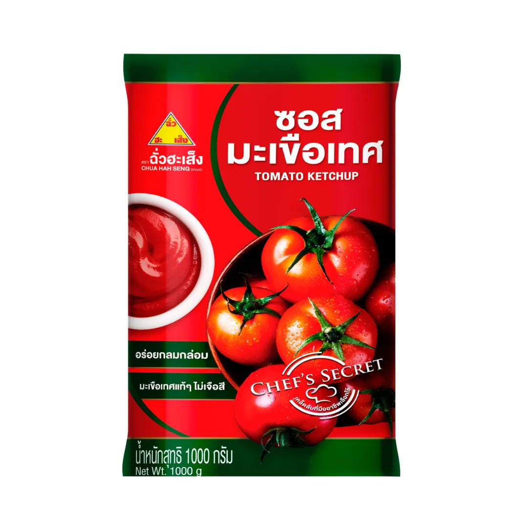 Chua Hah Seng Tomato Ketchup bottle, 1000g, with red sauce visible inside and label showing brand and product details.