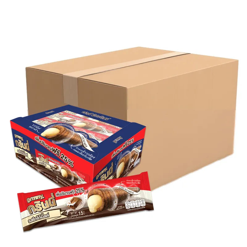 GRINNY CHOCOLATE COATED SNACK FILLED WITH MILK CREAM . (BOX