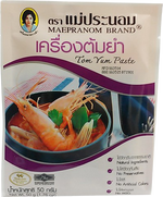 Mae Pranom Tom Yum Paste jar showing the red, spicy Thai seasoning used for flavorful Tom Yum soup and cooking.