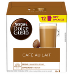 Creamy Nescafe Dolce Gusto Cafe Au Lait drink in a glass, featuring a frothy coffee beverage with milk and coffee layers.