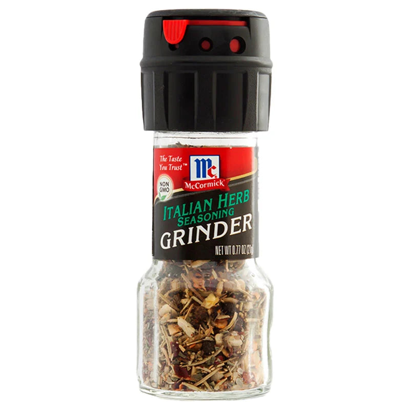 McCormick Italian Herb Seasoning grinder with 21g of mixed dried herbs in a black and green grinder bottle.