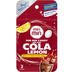 Min Min Cola Lemon Candy confectionery snack with bright yellow and red packaging featuring lemon and cola flavor illustrations.