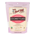 Unsweetened coconut flakes from Bob's Red Mill, healthy grocery product, shown in a clear image with shredded coconut texture.
