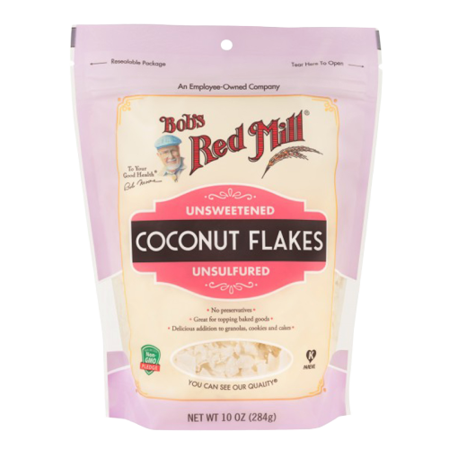 Unsweetened coconut flakes from Bob's Red Mill, healthy grocery product, shown in a clear image with shredded coconut texture.