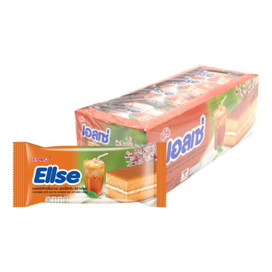 ELLSE Layer Cake Milk Tea 15g, 24 pieces, close-up of individual milk tea layer cake snack with creamy layers and packaging.