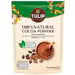 A cup of hot chocolate made with Tulip Natural Cocoa Powder, showing a rich, frothy drink in a white mug on a wooden surface.