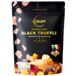 Cruff Mixed Root Chips with Black Truffle flavor, showcasing crispy snack chips in a colorful package with black truffle accents.
