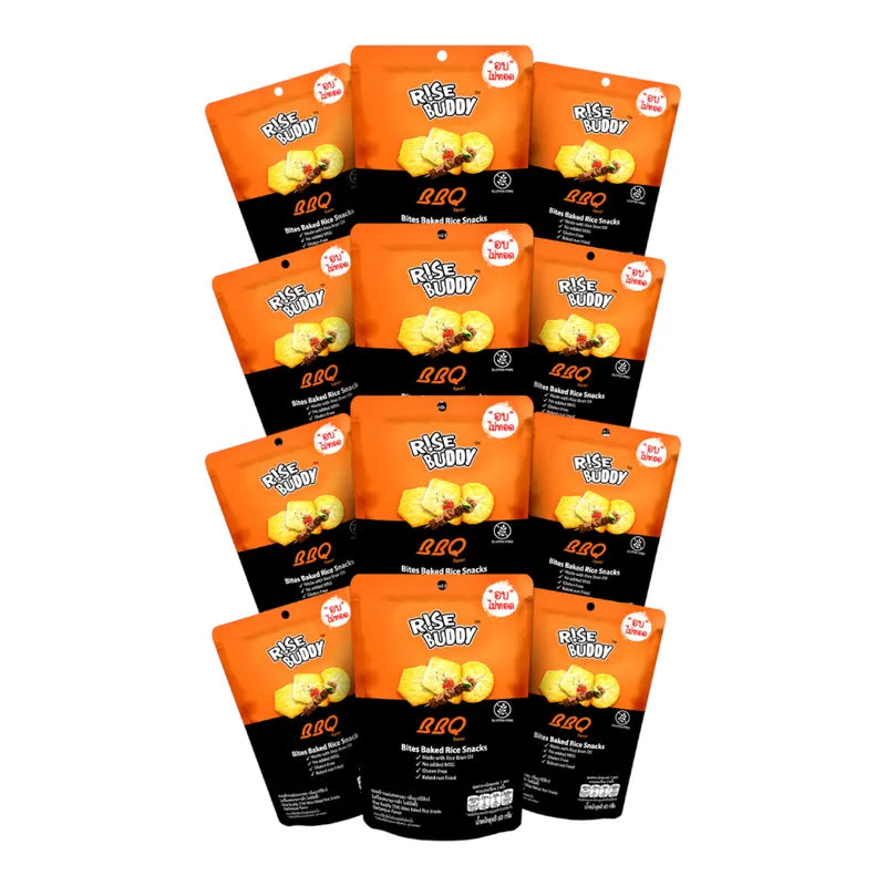 RISE BUDDY Healthy Crispy Baked Rice Snack BBQ flavor pack of 12, showing colorful rice snack bags on a table