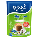 Equal Espresso Instant Mix Slim drink powder in a glass, showcasing the product's packaging and prepared espresso beverage