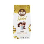 Tulip Cocoa Powder 22-24% cocoa butter used in drinks, shown in a clear glass cup with a chocolate beverage.
