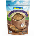 McGarrett dried lentils beans in a clear bag, showcasing small, brown lentils perfect for cooking and healthy meals.