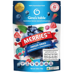 Gina's Table Merries freeze-dried blueberries and strawberries confectionery snack in a clear bag with colorful fruit illustrations.