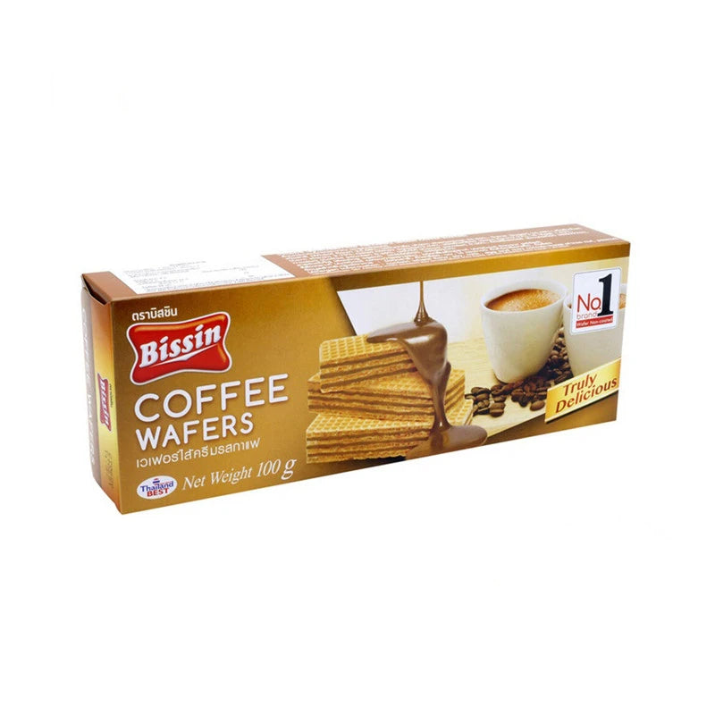 BISSIN Coffee Wafer 100g, crispy chocolate wafer snack with coffee flavor, shown in the image.