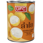 Ufc Longan in syrup, canned fruit product, shiny gold label, transparent can showing whole longans in syrup.