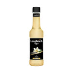 LongBeach Vanilla Syrup bottle from dry grocery section, featuring clear label and vanilla flavor for beverages and desserts.