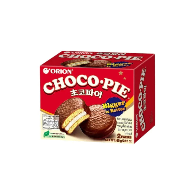 Orion Choco Pie VN authentic Korean chocolate pies in a 2-pack, showing the snack with chocolate coating and soft filling.