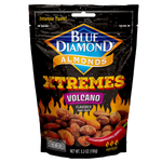 Blue Diamond Almonds Volcano flavor confectionery snacks in a colorful package, showcasing roasted almonds with spicy seasoning.