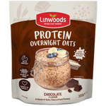 Linwoods Chocolate Protein Overnight Oats in a jar, showing creamy oats with chocolate flavor and toppings on a white background.