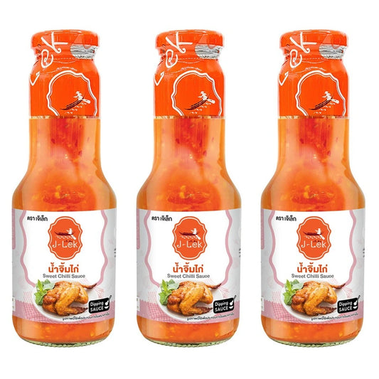 Three bottles of J-LEK Chicken Dipping Sauce, 390g each, with clear labels and golden sauce inside.