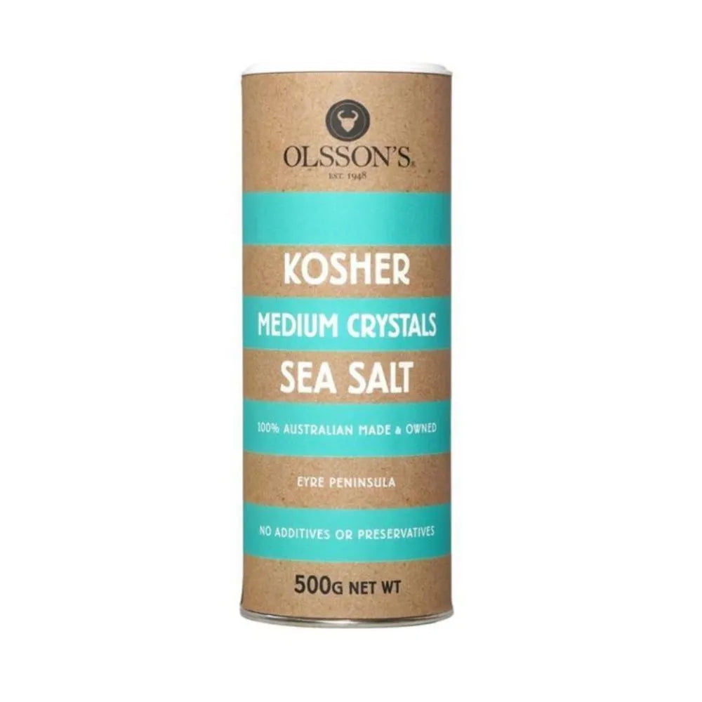 Olsson Sea Salt Crystals in a 500g package, showing coarse, natural salt crystals suitable for cooking and seasoning.