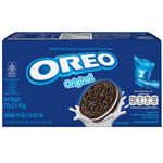 Oreo Cookie with vanilla cream filling, featuring classic chocolate cookie exterior, on a white background.