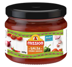 Mission Medium Chunky Salsa in a jar, showcasing fresh tomatoes, onions, and herbs with a chunky texture.