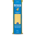 De Cecco Capellini #9 pasta in a clear jar, showcasing thin, delicate pasta strands perfect for light, fast-cooking Italian dishes