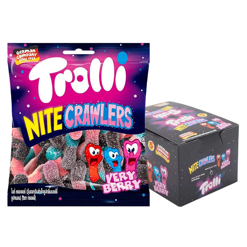 TROLLI Gummy Nitecrawlers in a 14g pack, showing colorful gummy worms from the TROLLI brand on a white background.