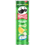 Pringles Sour Cream & Onion snack chips in a silver can, showcasing crispy, ridged potato chips with sour cream and onion flavoring
