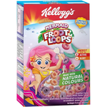 Colorful Kellogg's Mermaid Froot Loops cereal in a vibrant bowl with milk and fruit pieces, showcasing the cereal's bright, playful design.