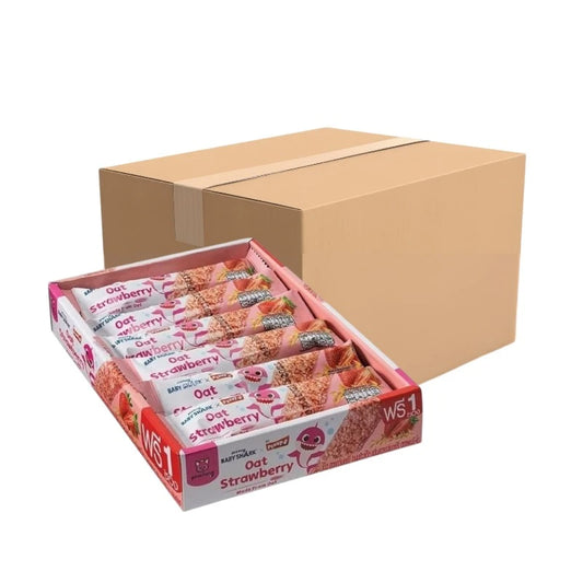 PENNYO Baby Shark strawberry oatmeal snack sachets, 15g each, with colorful packaging and images of Baby Shark characters.