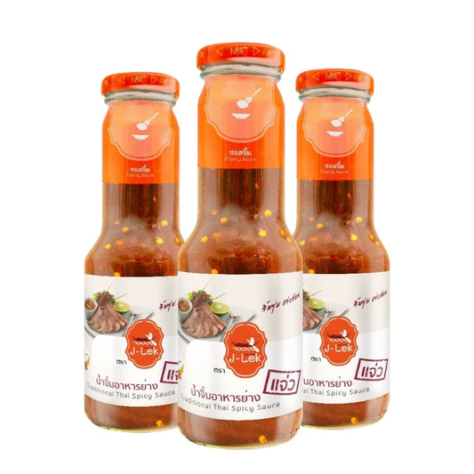 J-LEK Grilled Food Dipping Sauce Jaew in glass bottles, 360g each, three-pack, showcasing the savory sauce with a pour spout.