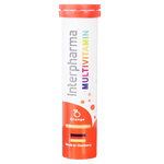 Interpharma Multivitamin Effervescent tablet dissolving in glass, healthy dietary supplement with colorful fruit flavor.
