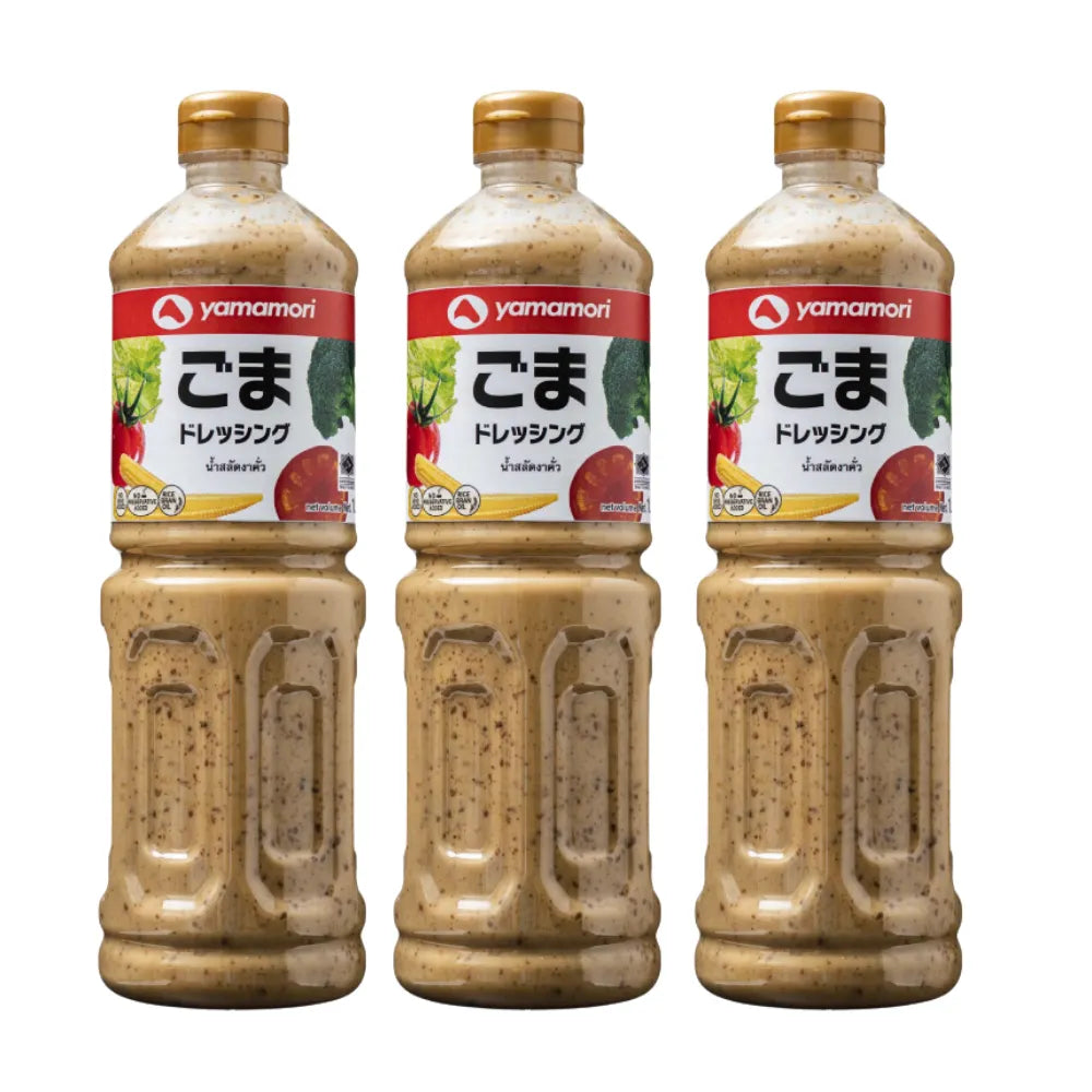 YAMAMORI roasted sesame salad dressing in a 1-liter bottle, featuring creamy sesame flavor, no MSG, three-pack for salads and dressings.