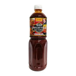 Nihon Shokken Dry Aka Karami Sauce 1L bottle, Japanese dry grocery condiment with spicy red chili flavor, in clear plastic container