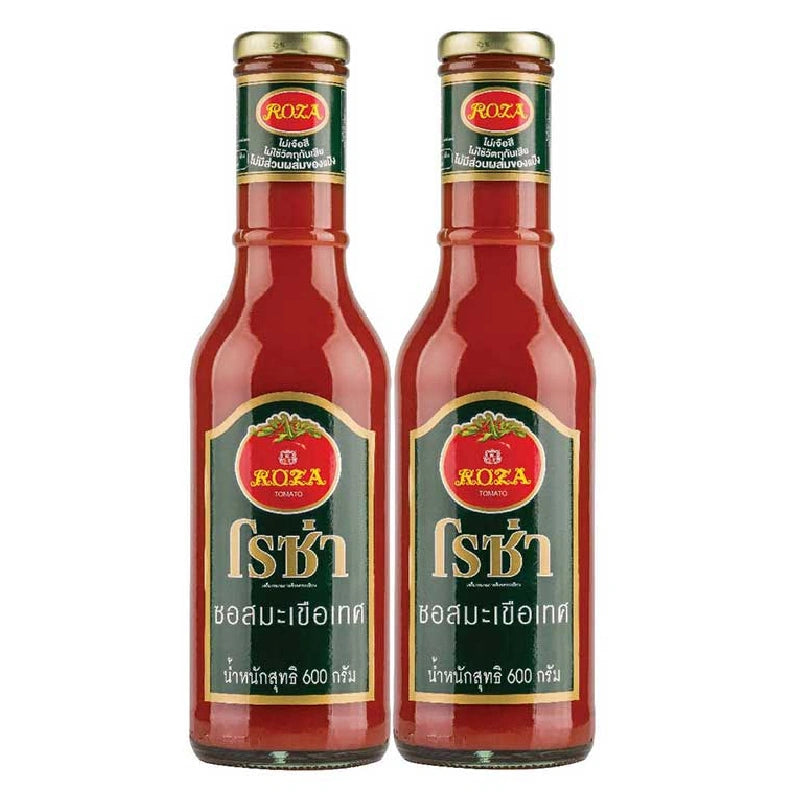 ROZA Tomato Ketchup bottles, 600g each, with red caps and label, arranged side by side, showcasing classic ketchup packaging.