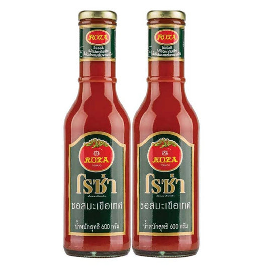 ROZA Tomato Ketchup bottles, 600g each, with red caps and label, arranged side by side, showcasing classic ketchup packaging.