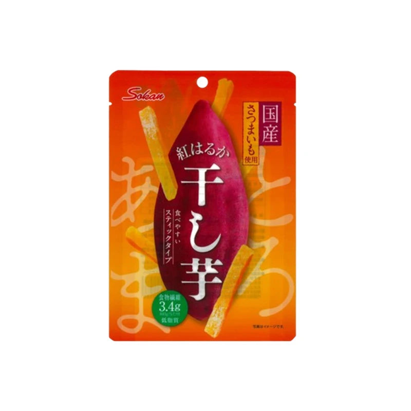 SOKAN Japanese Beniharuka dried sweet potato packs, 60g each, stacked in a clear container, showcasing vibrant orange color