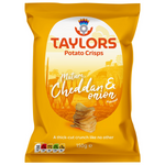 Taylors Mature Cheddar & Onion Flavour Potato Crisps in a colorful bag, showcasing crispy snacks with cheese and onion flavor.