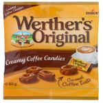 Werther's Original Coffee Cream confectionery snack in a wrapper, showcasing creamy coffee-flavored caramel candies.