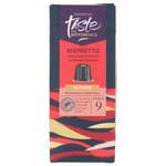 Sainsbury's Ristretto Coffee Pods for espresso machines, packaged in a box with dark roasted coffee pods.