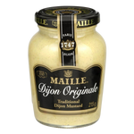 Jar of Maille Dijon Mustard with a label, showcasing the classic French mustard in a glass jar on a grocery shelf.