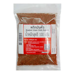 Makro roasted dried chili powder in a 100g package, showcasing vibrant red chili flakes in a clear container.